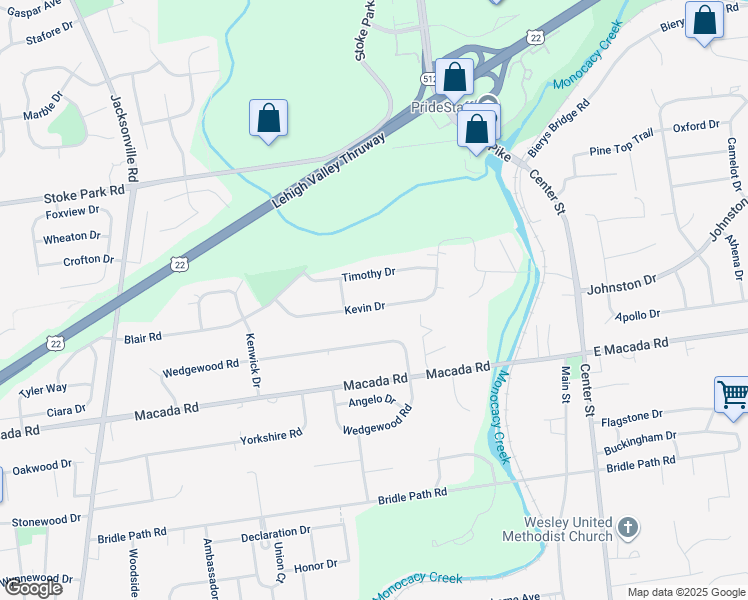 map of restaurants, bars, coffee shops, grocery stores, and more near 444 Kevin Drive in Bethlehem