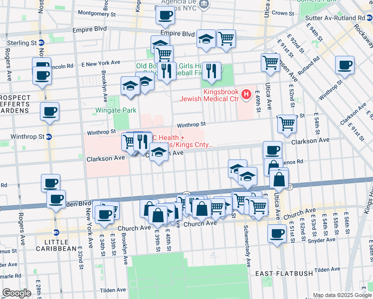 map of restaurants, bars, coffee shops, grocery stores, and more near 649 Clarkson Avenue in Brooklyn