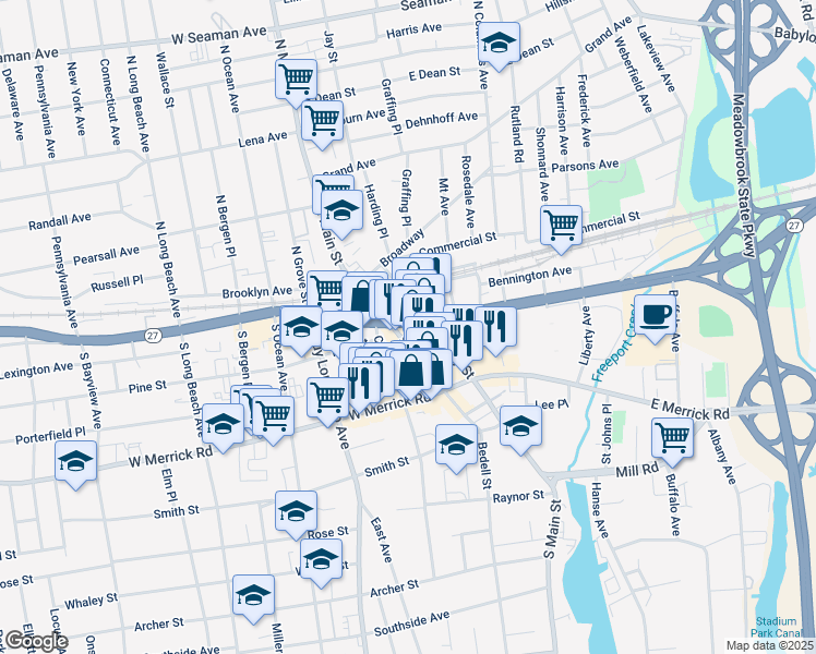 map of restaurants, bars, coffee shops, grocery stores, and more near 18 Sunrise Highway in Freeport