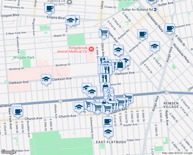 map of restaurants, bars, coffee shops, grocery stores, and more near 254 East 49th Street in Brooklyn