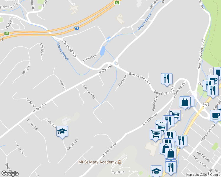 map of restaurants, bars, coffee shops, grocery stores, and more near 66 Mareu Drive in Watchung