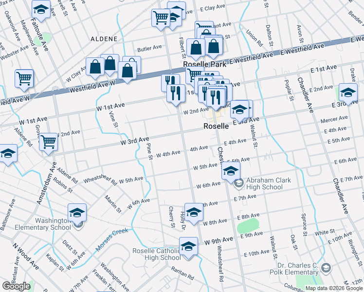 map of restaurants, bars, coffee shops, grocery stores, and more near 212 West 4th Avenue in Roselle