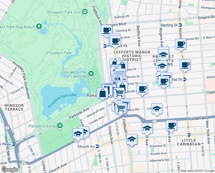 map of restaurants, bars, coffee shops, grocery stores, and more near 297 Ocean Avenue in Brooklyn