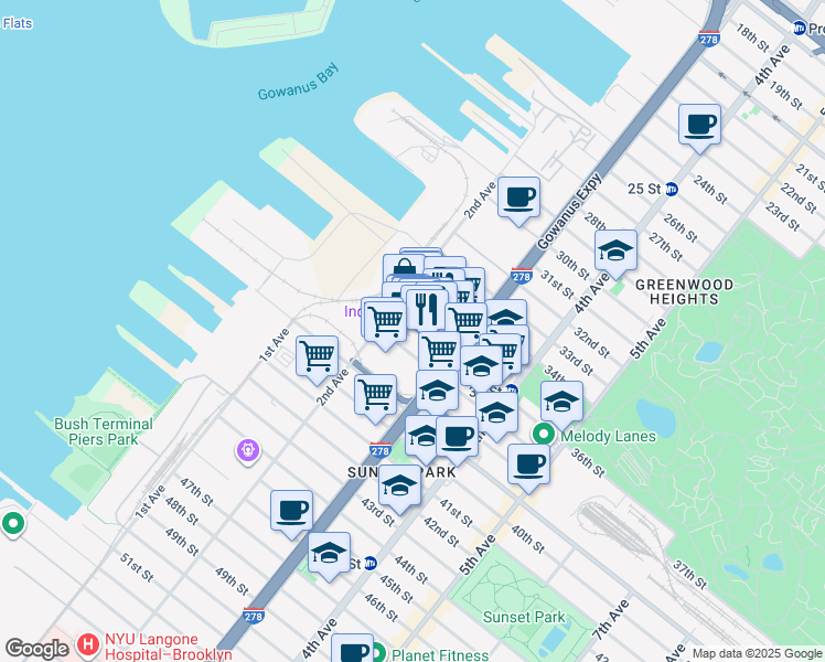 map of restaurants, bars, coffee shops, grocery stores, and more near 220 36th Street in Brooklyn