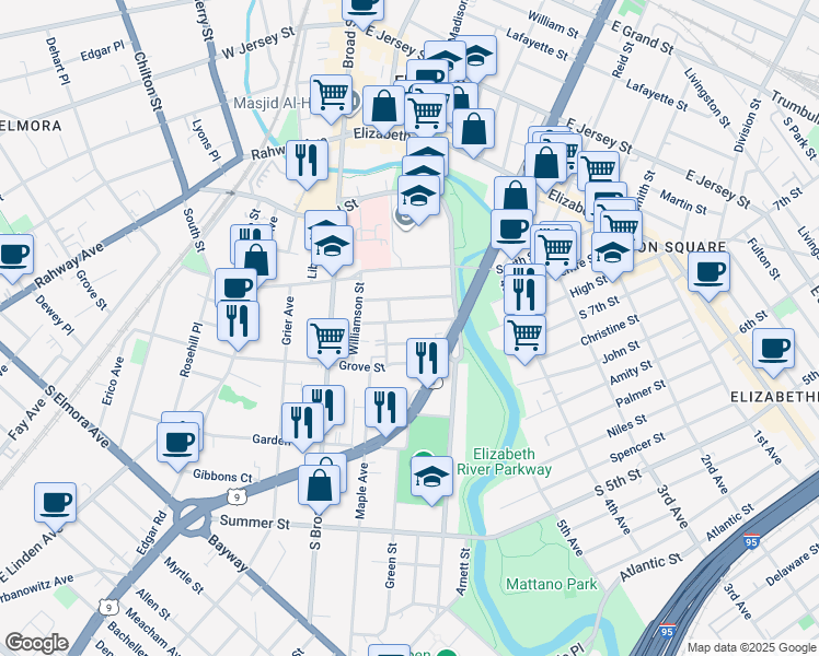 map of restaurants, bars, coffee shops, grocery stores, and more near 636 Montgomery Street in Elizabeth