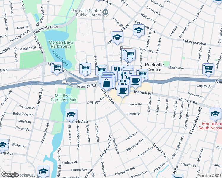 map of restaurants, bars, coffee shops, grocery stores, and more near 242 Merrick Road in Rockville Centre