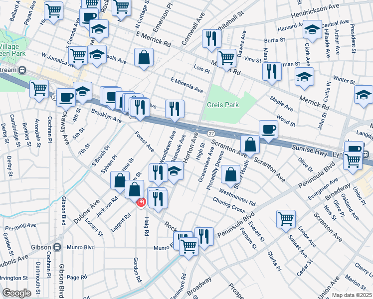 map of restaurants, bars, coffee shops, grocery stores, and more near 150 Horton Avenue in Valley Stream