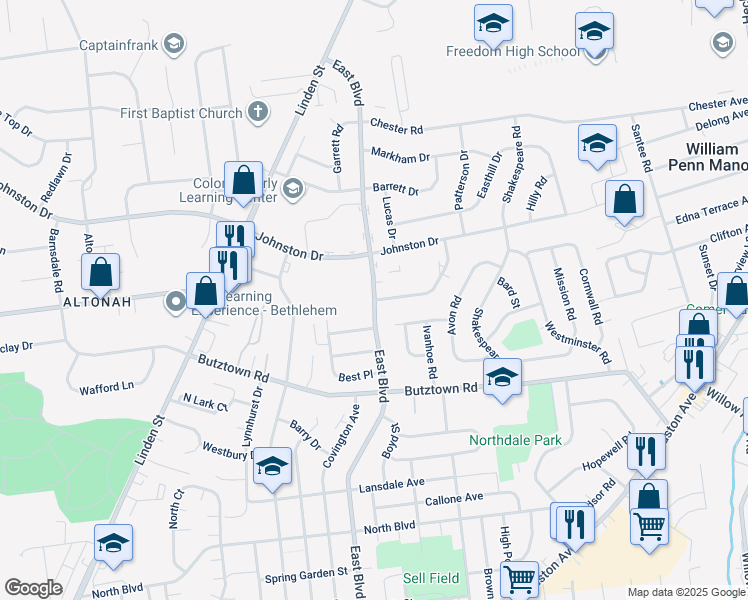 map of restaurants, bars, coffee shops, grocery stores, and more near 3005 East Boulevard in Bethlehem
