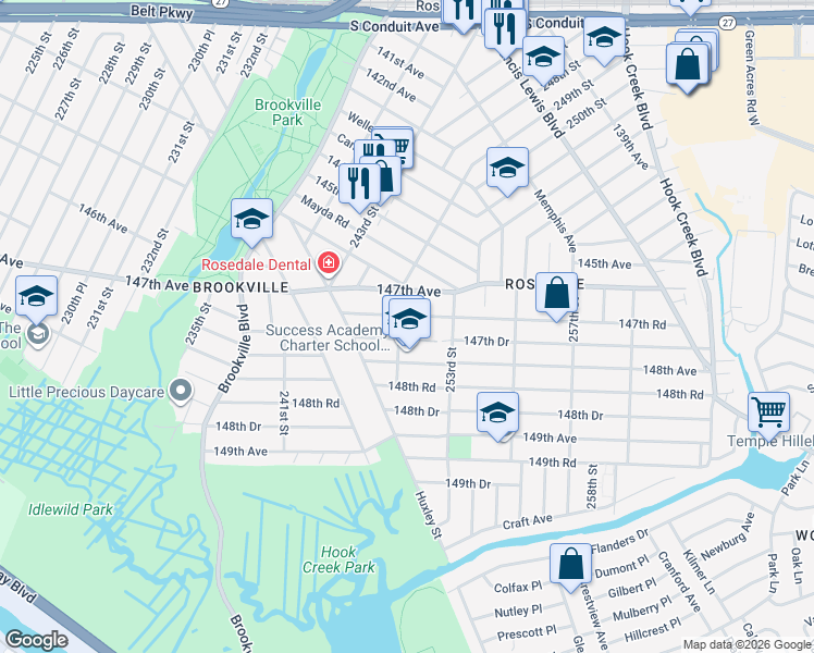 map of restaurants, bars, coffee shops, grocery stores, and more near 147-33 249th Street in Queens