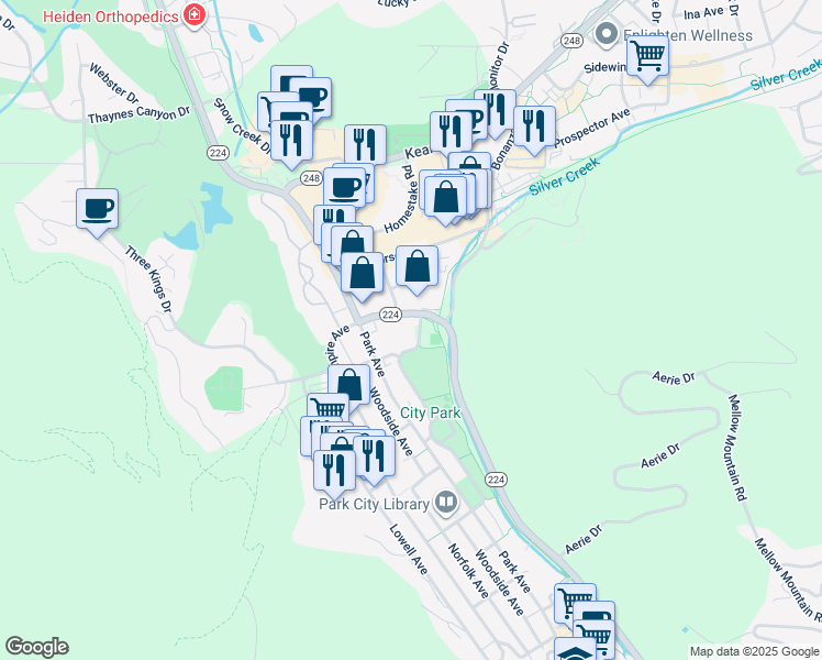 map of restaurants, bars, coffee shops, grocery stores, and more near 1580 Sullivan Road in Park City