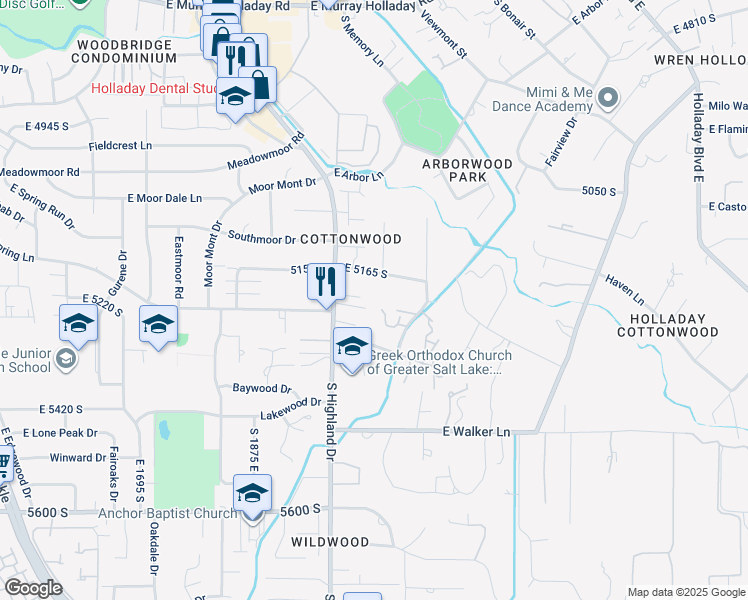 map of restaurants, bars, coffee shops, grocery stores, and more near 2049 Normandywoods Court in Holladay