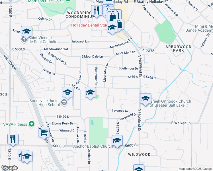 map of restaurants, bars, coffee shops, grocery stores, and more near 1821 East 5240 South in Holladay