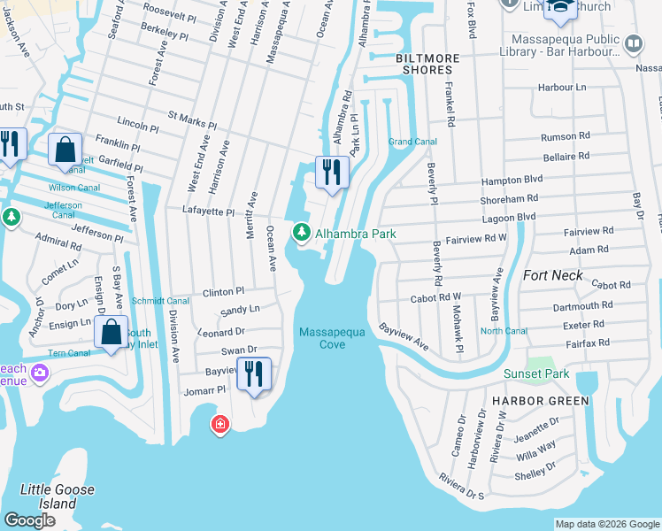 map of restaurants, bars, coffee shops, grocery stores, and more near 4 Beach Road in Massapequa