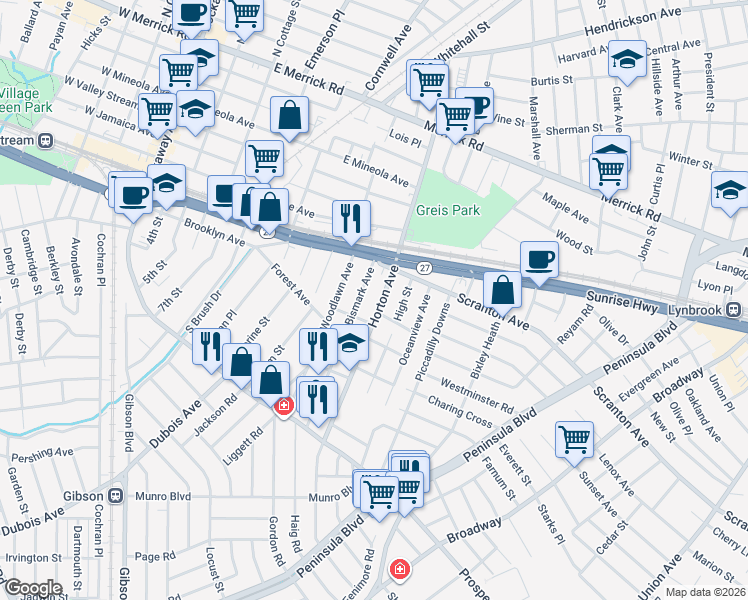 map of restaurants, bars, coffee shops, grocery stores, and more near 150 Horton Avenue in Valley Stream