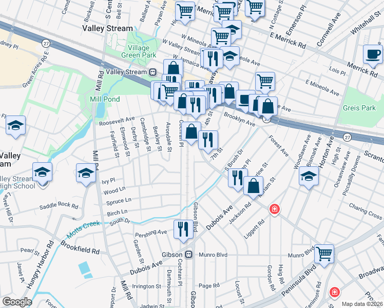 map of restaurants, bars, coffee shops, grocery stores, and more near 1 Gibson Boulevard in Valley Stream