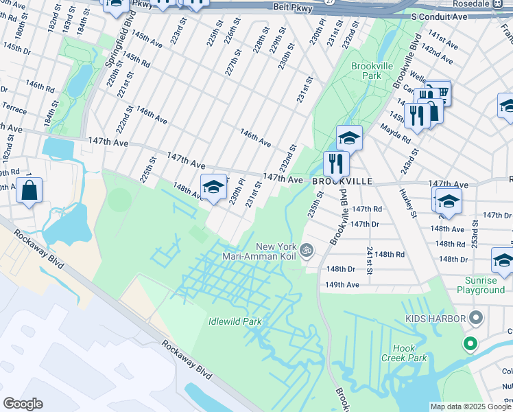 map of restaurants, bars, coffee shops, grocery stores, and more near 147-51 231st Street in Queens