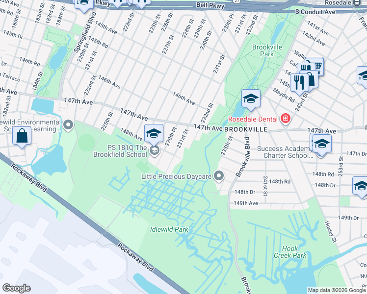 map of restaurants, bars, coffee shops, grocery stores, and more near 147-51 231st Street in Queens