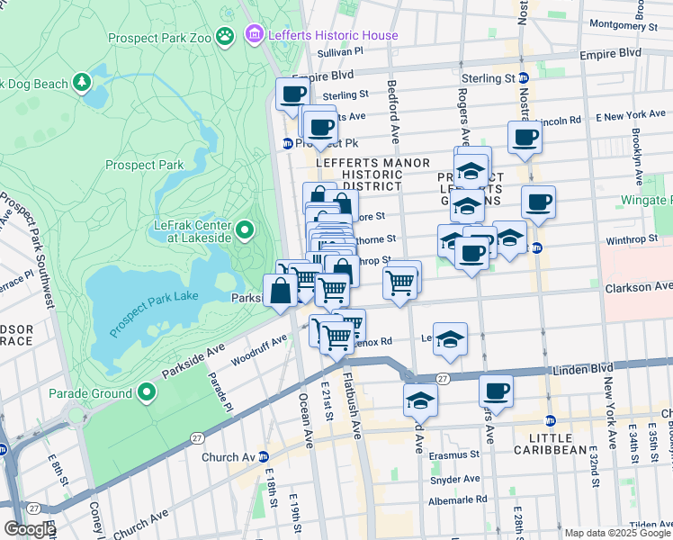 map of restaurants, bars, coffee shops, grocery stores, and more near 712 Flatbush Avenue in Brooklyn