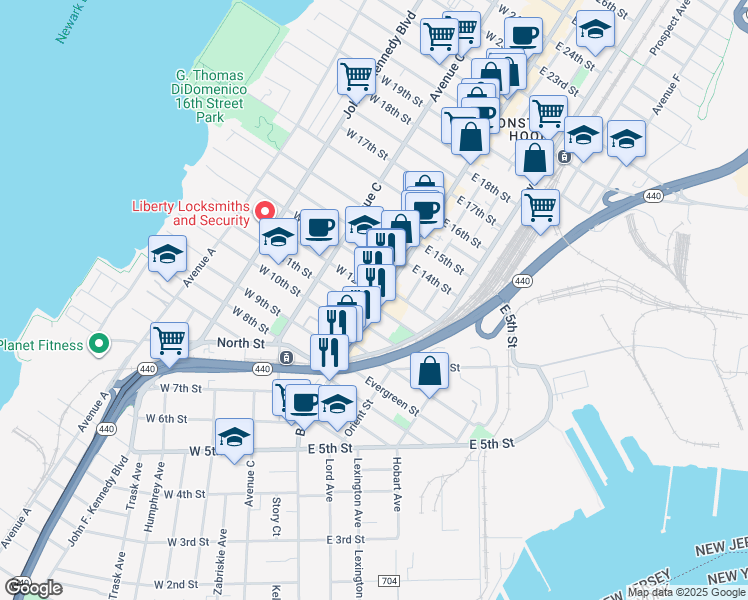 map of restaurants, bars, coffee shops, grocery stores, and more near 7 West 11th Street in Bayonne