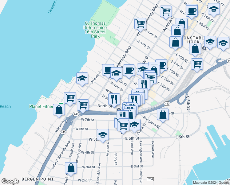 map of restaurants, bars, coffee shops, grocery stores, and more near 84 West 9th Street in Bayonne
