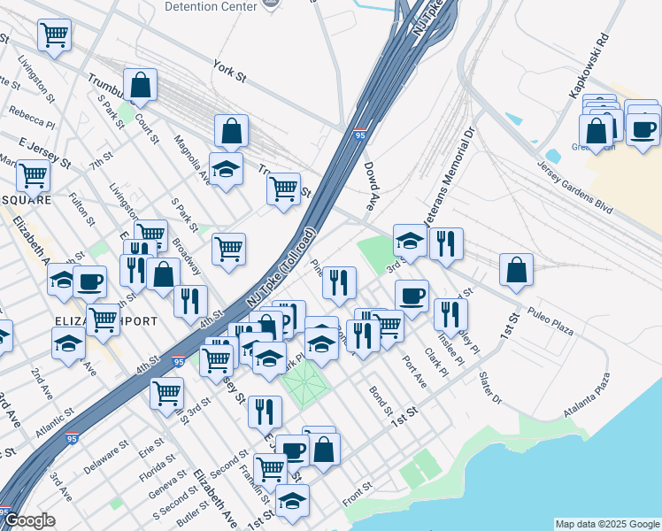 map of restaurants, bars, coffee shops, grocery stores, and more near 336 Pine Street in Elizabeth