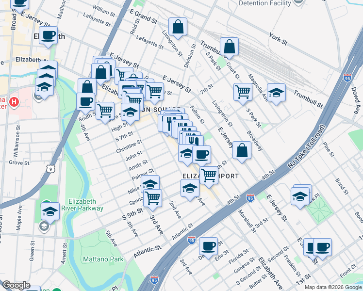 map of restaurants, bars, coffee shops, grocery stores, and more near 606 Elizabeth Avenue in Elizabeth