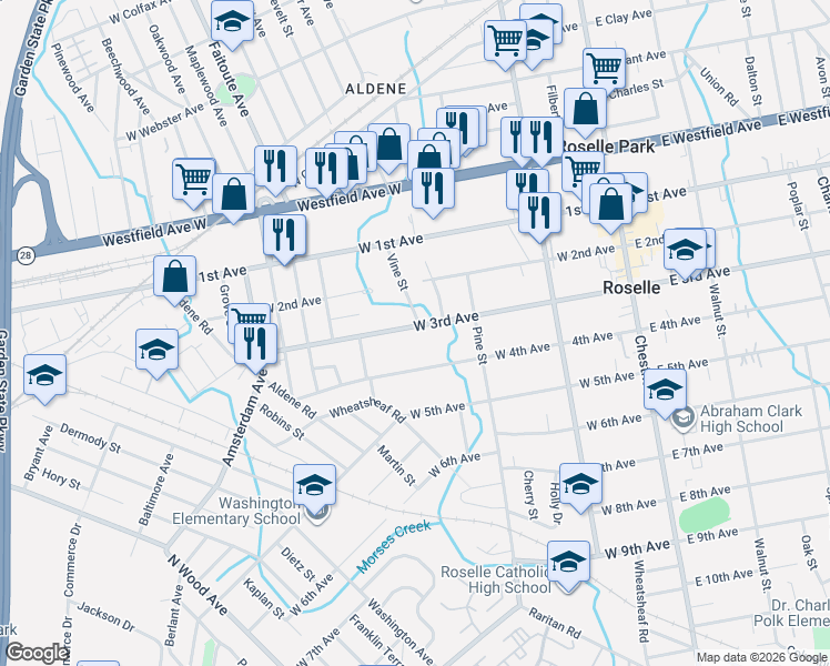 map of restaurants, bars, coffee shops, grocery stores, and more near 339 West 3rd Avenue in Roselle
