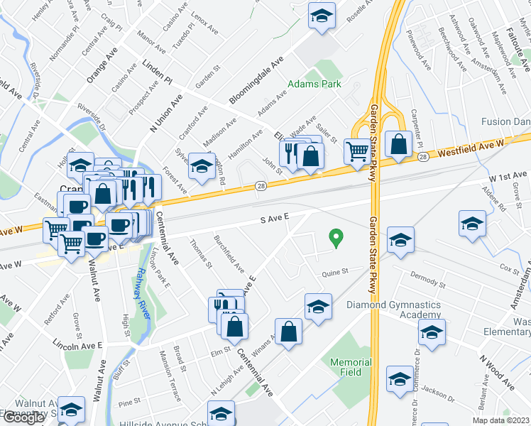 map of restaurants, bars, coffee shops, grocery stores, and more near 542 South Avenue East in Cranford