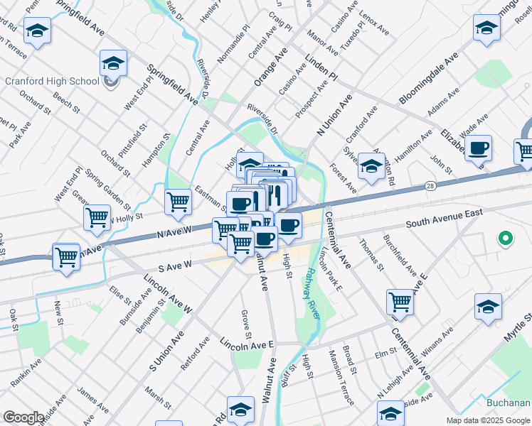 map of restaurants, bars, coffee shops, grocery stores, and more near 2 South Union Avenue in Cranford