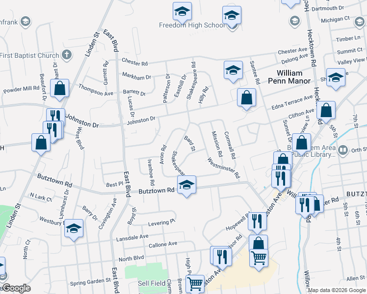 map of restaurants, bars, coffee shops, grocery stores, and more near 1937 Greenleaf Street in Bethlehem