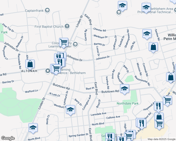 map of restaurants, bars, coffee shops, grocery stores, and more near 1601 Best Place in Bethlehem