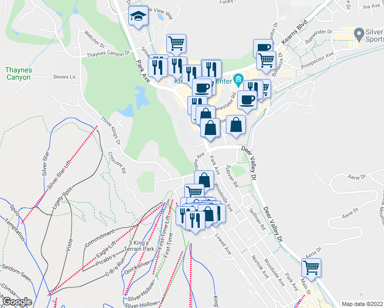 map of restaurants, bars, coffee shops, grocery stores, and more near 1585 Empire Avenue in Park City