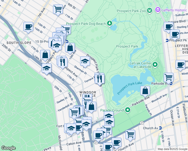 map of restaurants, bars, coffee shops, grocery stores, and more near 217 Terrace Place in Brooklyn