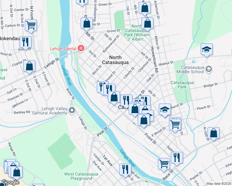 map of restaurants, bars, coffee shops, grocery stores, and more near 118 Chestnut Street in Catasauqua