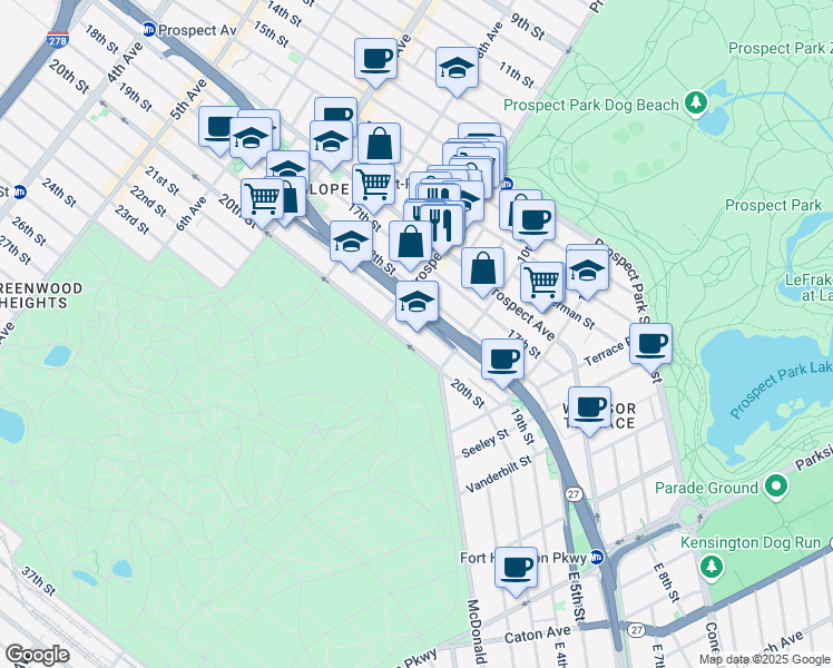 map of restaurants, bars, coffee shops, grocery stores, and more near 500 19th Street in Brooklyn