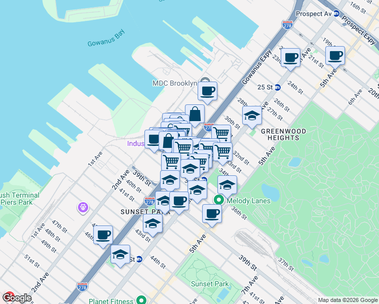 map of restaurants, bars, coffee shops, grocery stores, and more near 126 35th Street in Brooklyn