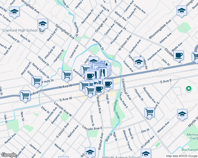 map of restaurants, bars, coffee shops, grocery stores, and more near 2 South Union Avenue in Cranford