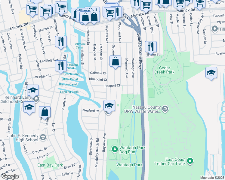 map of restaurants, bars, coffee shops, grocery stores, and more near 2591 Mariners Avenue in Wantagh
