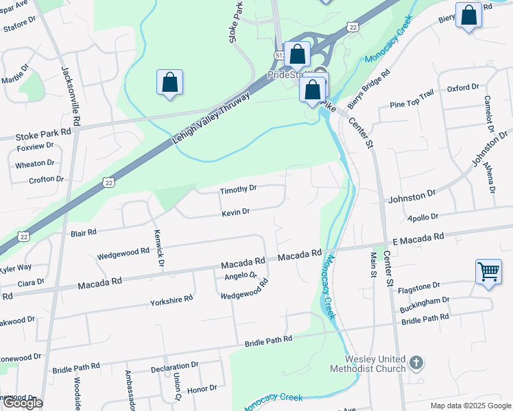 map of restaurants, bars, coffee shops, grocery stores, and more near 414 Kevin Drive in Bethlehem