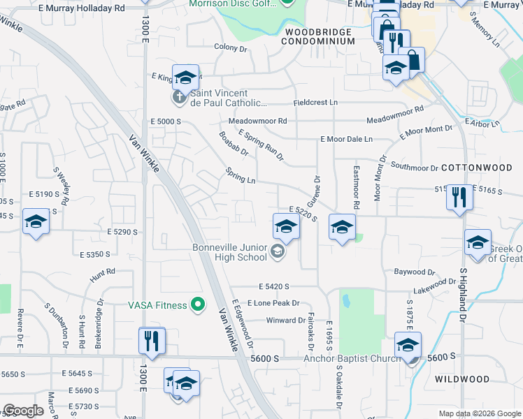 map of restaurants, bars, coffee shops, grocery stores, and more near 1574 East 5215 South in Salt Lake City
