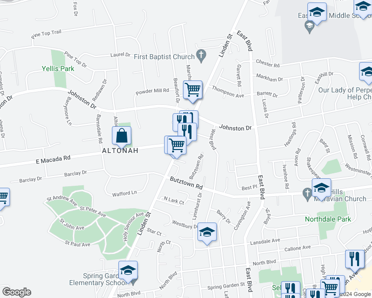 map of restaurants, bars, coffee shops, grocery stores, and more near 2980 Linden Street in Bethlehem
