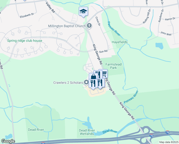 map of restaurants, bars, coffee shops, grocery stores, and more near 59 Monarch Circle in Basking Ridge