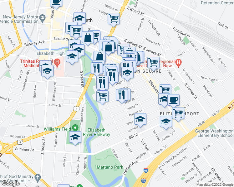 map of restaurants, bars, coffee shops, grocery stores, and more near 654 3rd Avenue in Elizabeth