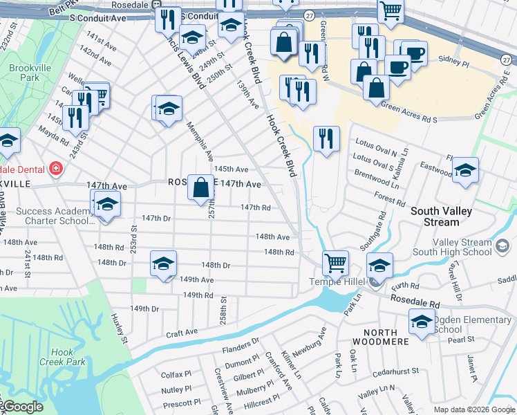 map of restaurants, bars, coffee shops, grocery stores, and more near 259-04 147th Road in Queens