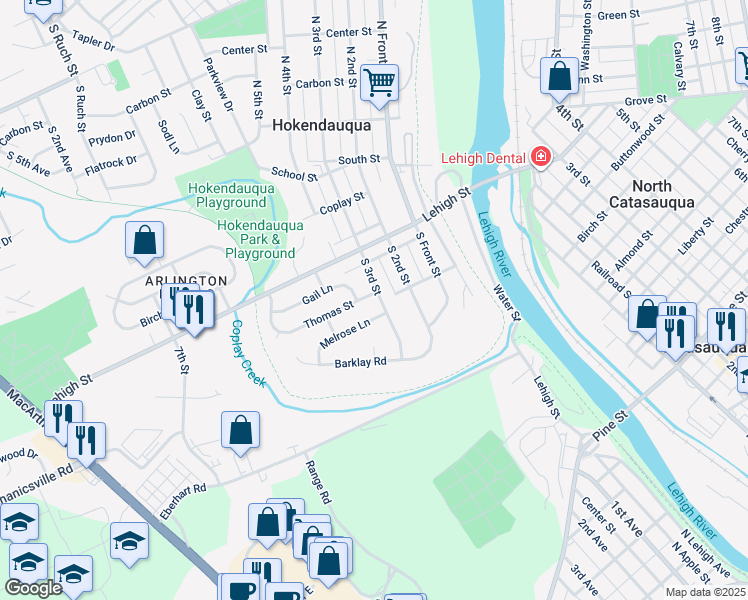 map of restaurants, bars, coffee shops, grocery stores, and more near 3306 Thomas Street in Hokendauqua