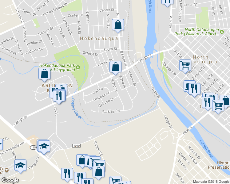 map of restaurants, bars, coffee shops, grocery stores, and more near 3306 Thomas Street in Hokendauqua