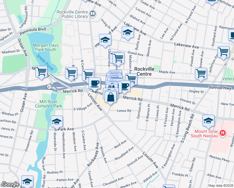 map of restaurants, bars, coffee shops, grocery stores, and more near 274 Merrick Road in Rockville Centre