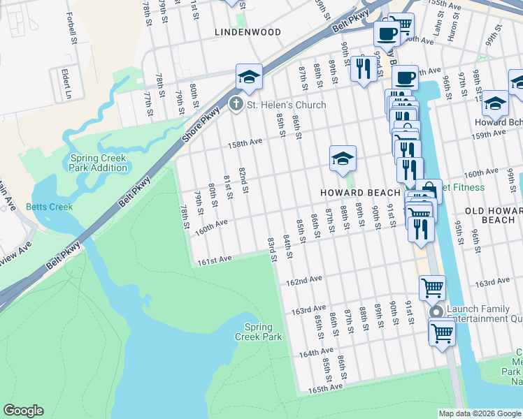 map of restaurants, bars, coffee shops, grocery stores, and more near 160-03 82nd Street in Queens