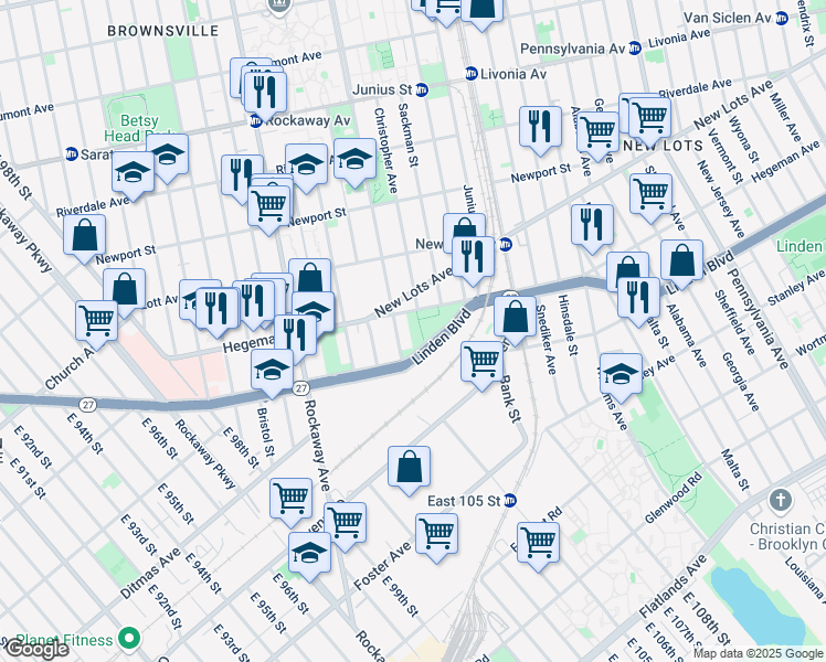 map of restaurants, bars, coffee shops, grocery stores, and more near 1555 Linden Boulevard in Brooklyn