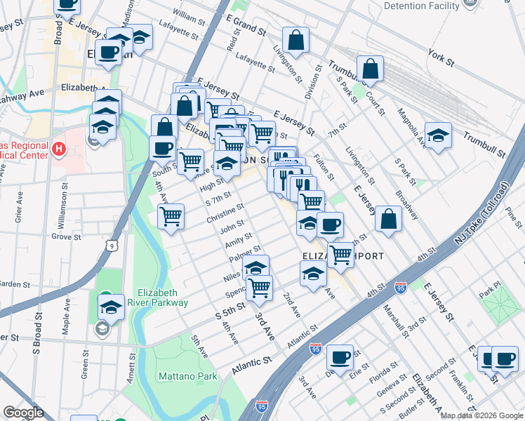 map of restaurants, bars, coffee shops, grocery stores, and more near 16 John Street in Elizabeth